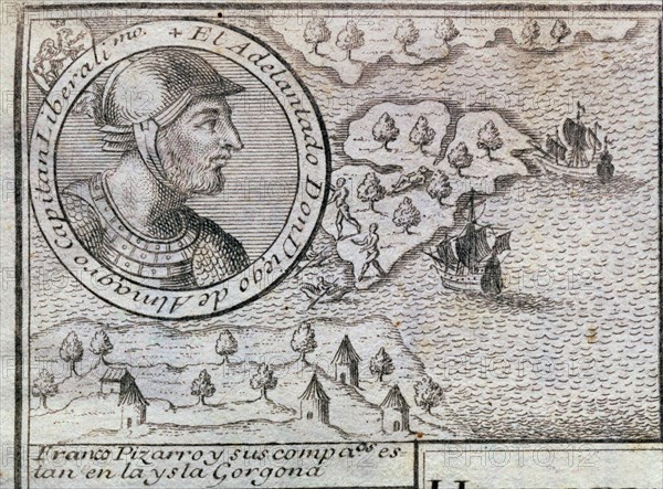 'Francisco Pizarro and his companions are on the Gorgona island', engraving from 1726, with the ?