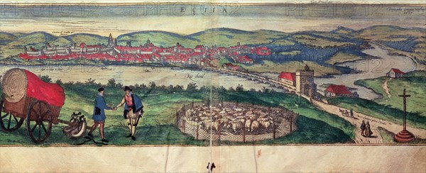 View of the city of Ecija and the Genil river. Engraving in the work 'Civitates Orbis Terrarum', ?