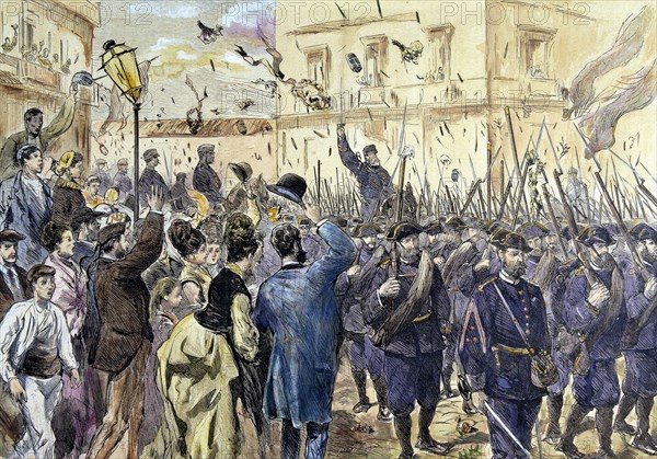 Liberation of Bilbao during the Third Carlist War in 1874, colored engraving in 'La Ilustración E?