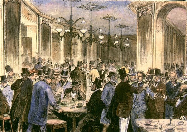 Café Swiss or Café of artists of Madrid, 1871, colored engraving in 'La Ilustración Española y Am?