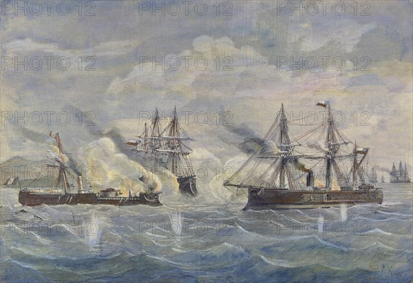Peru - Bolivia - Chile War, 1879, naval battle between the Peruvian ship 'Huascar' against the Ch?