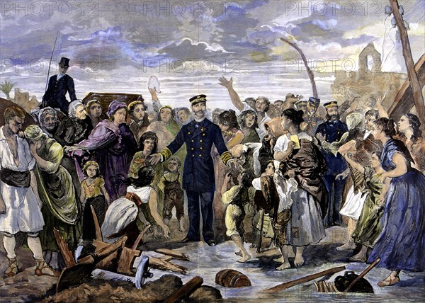 Reign of Alphonse XII, King's visit to flood victims in Alcantarilla (Murcia), 1879, colored engr?