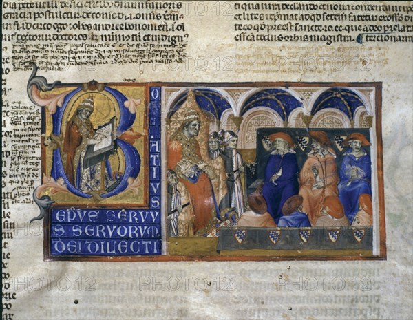Bonifacio VIII (c.1235-1303), Pope (1294-1303), miniature of their 'Decretals' (Liber sextus decr?