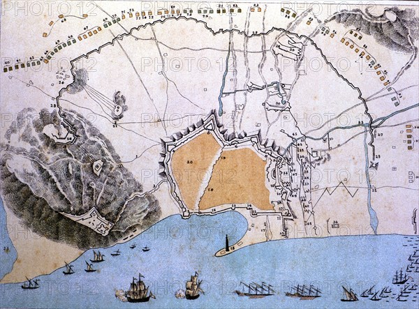 Map of the city of Barcelona during the siege of Philip V in 1714.