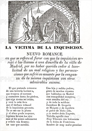 Popular romance on the Inquisition, boxwood engraving made in 1860 in Barcelona at Ignacio Estivi?