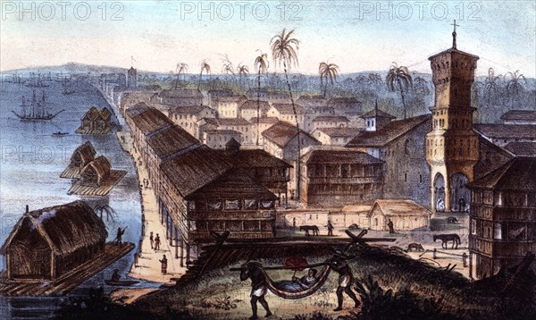 The city and the port of Guayaquil, color engraving.