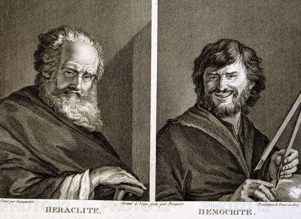 Engraving with Heraclitus 535-484 BC. and Democritus 460-370 BC., Greek philosophers.