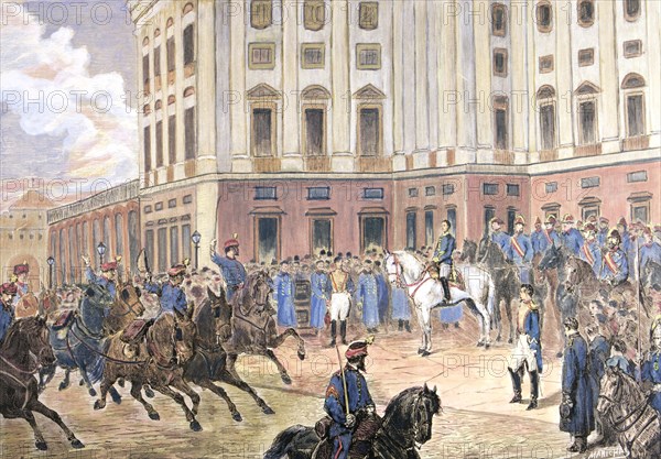 Witnessing the parade of troops in the Plaza de Oriente in Madrid', Alfonso XII, King of Spain (1?