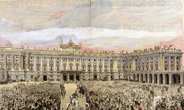 Check the king in the Royal Palace of Madrid', Alfonso XII, King of Spain (1857-1885), engraving ?