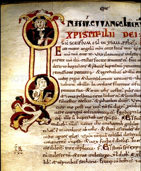 Letter 'I' illuminated with figurations of the bust of Jesus Christ and an evangelist, correspond?