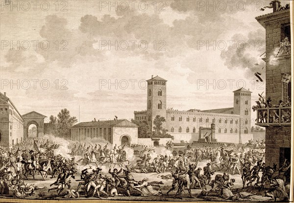 Riot of Pavia on 05/27/1796, engraving.