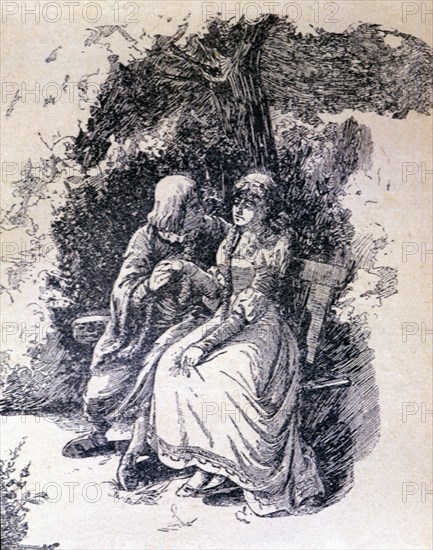 La Celestina, 1883, engraving with Calixto and Melibea under the tree.