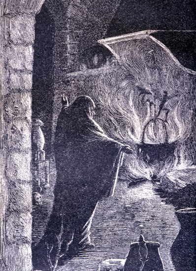 La Celestina, 1883, engraving with the Celestina making a spell.