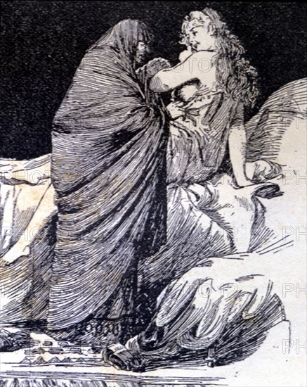 'La Celestina wakes Melibea', engraving in 'La Celestina' by Fernando de Rojas, published in 1883.