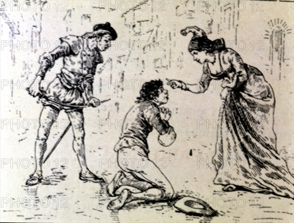 Engraving, a poor before a lady in an edition of 'La Comedie Espagnole' by Lope de Rueda, 1883.