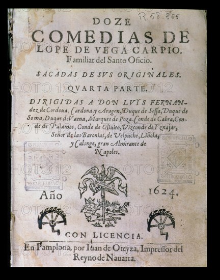 Cover 'Doce comedias' (Twelve comedies) by Lope de Vega, published in 1624 in Pamplona.