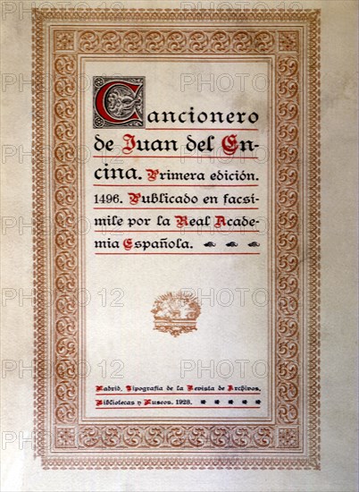 Cover 'Cancionero' (Song book) by Juan de la Encina, facsimile reproduction, 1928.