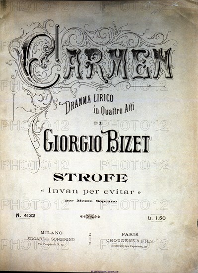 Cover of the score of the opera 'Carmen' by Giorgio Bizet, Italian edition from 1920.