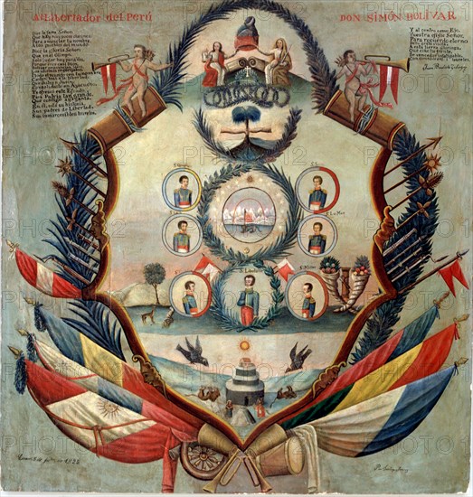 Allegory with Simon Bolivar, the liberator of Peru (1783-1830).