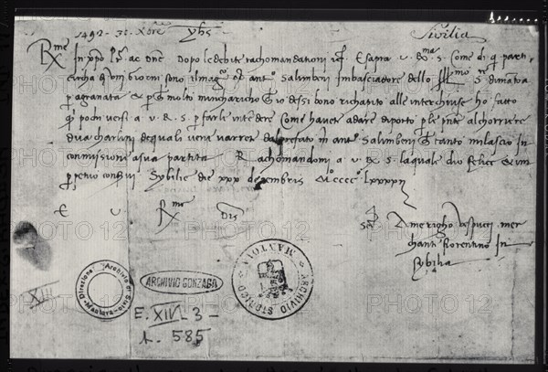 Autograph letter of Amerigo Vespucci written on 30th December 1492 in Seville to the Ducal Commis?
