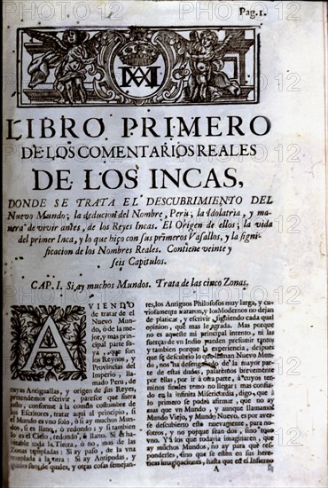 Royal Commentaries of Garcilaso de la Vega, first page of Book First.