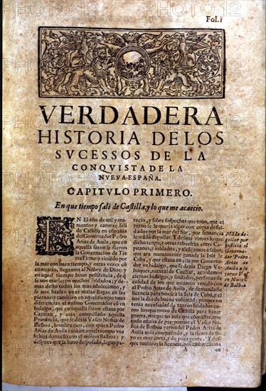Front page of the book 'Historia verdadera de la conquista de la Nueva España' (True story of the?