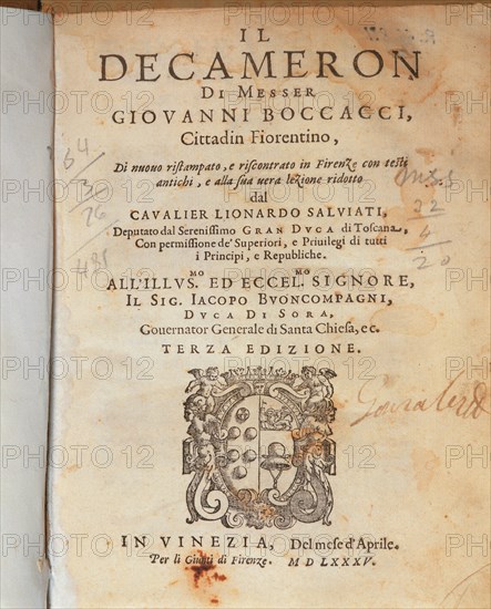 Cover of the Deccameron by Giovanni Boccaccio, published in Venice, 1635.