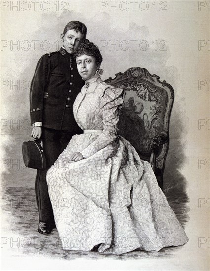 The King Alfonso XIII with his mother Regent Maria Cristina of Hapsburg in 1898, Madrid, engravin?