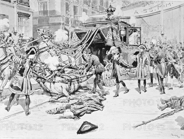 Attack against Alfonso XIII, King of Spain (1886-1941). the day of his wedding, engraving of L'Il?