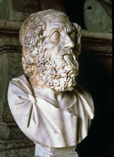 Homer (c. 850 a.C.), Greek epic poet, bust, Roman copy.