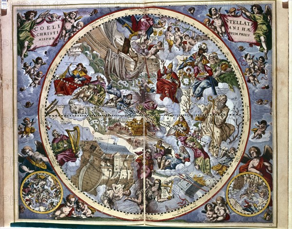 Harmonia Macrocosmica', engraving with Bible passages by Andreas Cellarius.