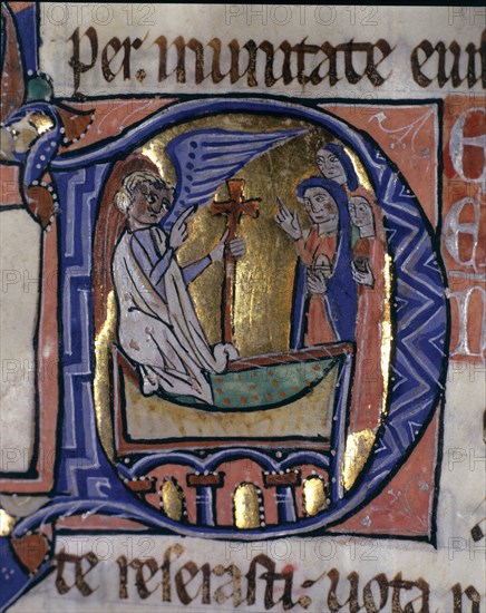 The Three Marys at the Tomb, illuminated capital letter in the 'Episcopal Sacramentary of Elna', ?