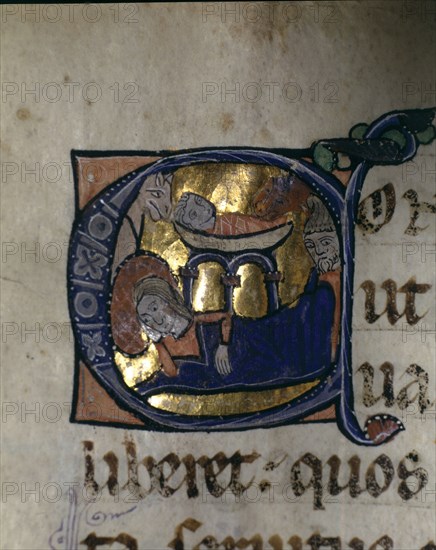 Nativity, illuminated capital letter in the 'Episcopal Sacramentary of Elna' manuscript on parchm?