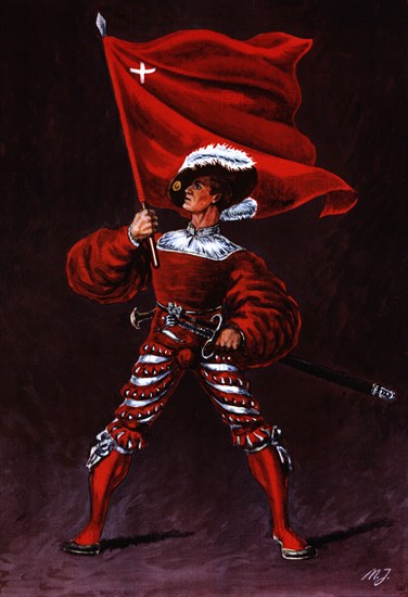 Flag bearer from the canton of Schwytz, c. 1510. Color engraving from 1943, published by Editions?