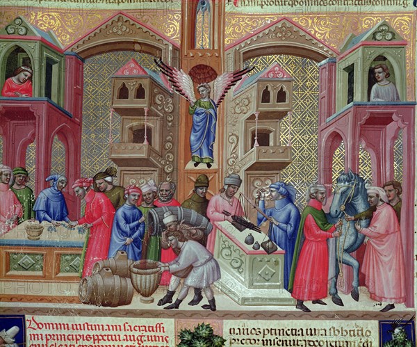 Market of the merchants, Miniature in the 'Codice Justiniano Institutiones Feodorum et Alia', ill?