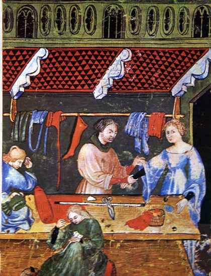 Tailoring. Miniature in 'Tacuinum sanitatis', illuminated manuscript of the late 14th century.