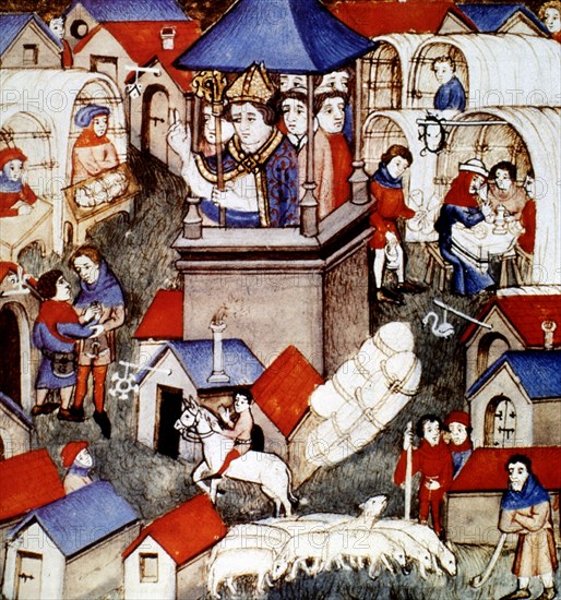 Blessing of the fair of Saint-Denis in Paris, 14th century miniature.