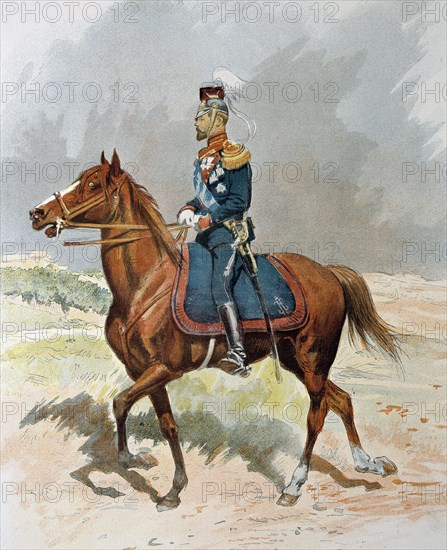 Nicholas II (1868-1918), Russian Czar, in the uniform of Lancers, 1901. Engraving in 'La Ilustrac?