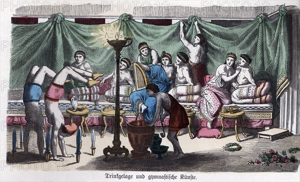 Ancient History. Greece. Scene of a banquet and gymnastic games. German engraving, 1865.