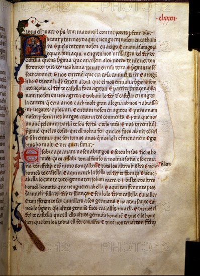 Page with an illuminated initial in the 'Llibre dels feyts del rey Jacme'.