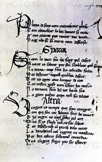 Manuscript by Ausias March, folio XXIX, XXVIII poems, Gothic writing with ornamented initials wit?