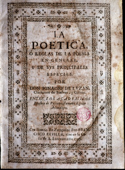 Cover of the first edition of 'La poética' (The Poetics) by Ignacio de Luzán, printed in Zaragoza?