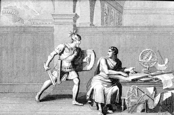 Death of Archimedes, killed by a Roman soldier during the assault on Syracuse, engraving of 1830,?