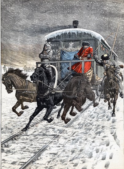 Crossing of Russian military wagons on Lake Baikal, during the Russo - Japanese war of 1904, draw?