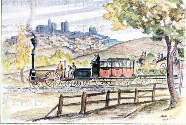 The inaugural train of the line from Madrid to Zaragoza in 1859, passing by Siguenza, drawing by ?