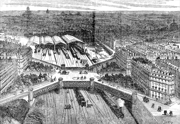 Overview of the European Square in Paris, raised over railroad lines, engraving 1867.