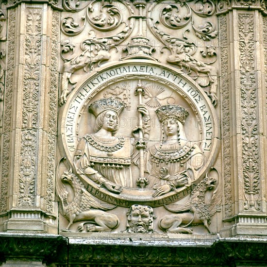 Medallion on the façade of the University of Salamanca with the relief of the Catholic Kings.