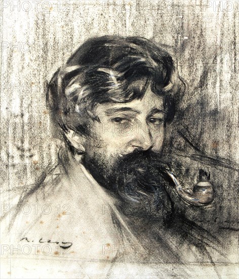 Portrait of Santiago Rusiñol (1861 - 1931), Catalan painter and writer, charcoal drawing by Ram?