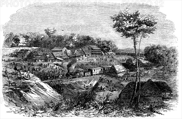 Railway in Panama, Culebra Station, March 1855, vintage engraving.