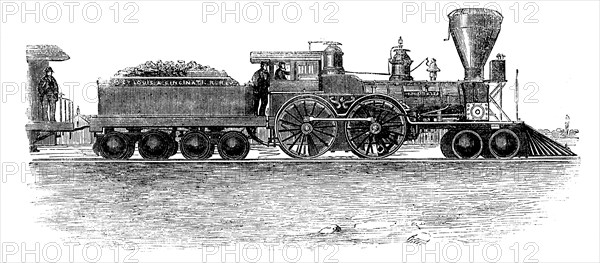 Train machine in the line from Ohio to Mississippi, engraving, 1858.